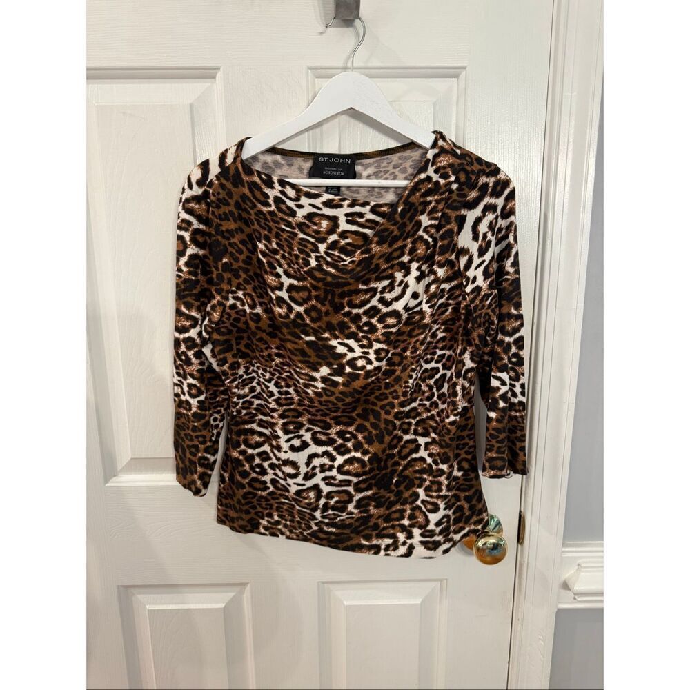 St. John for Nordstrom Leopard Asymmetrical Shoulder Hem 3/4 Sleeve Too sz M EUC